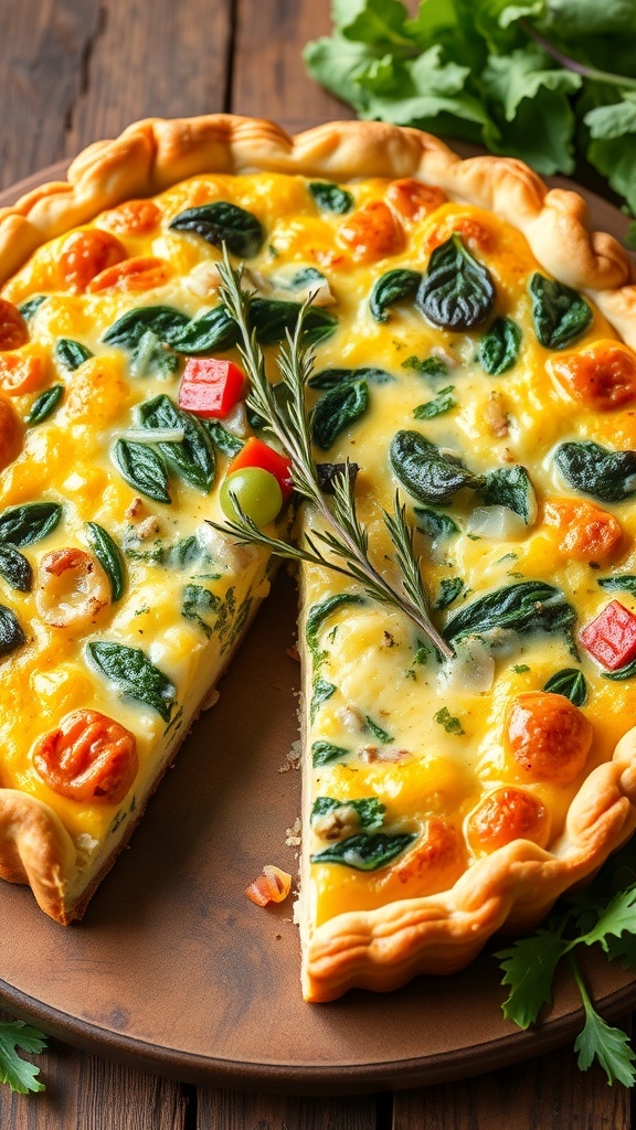 Greek Yogurt Quiche Recipe A golden crusted Greek yogurt quiche filled with vegetables, garnished with herbs, on a wooden table with a side salad.